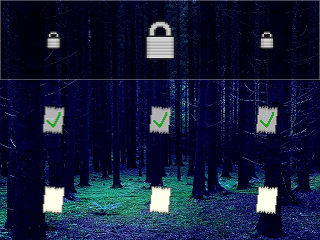 A screenshot of AP Slenderman. It depicts a blue-tinted forest with nine icons in a three-by-three grid. The top row has a darker background, and has lock icons, with the middle lock being larger. The middle row has checked-off page icons, and the bottom row has unchecked icons.